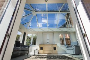 conservatory with glass roof and internal pelmet
